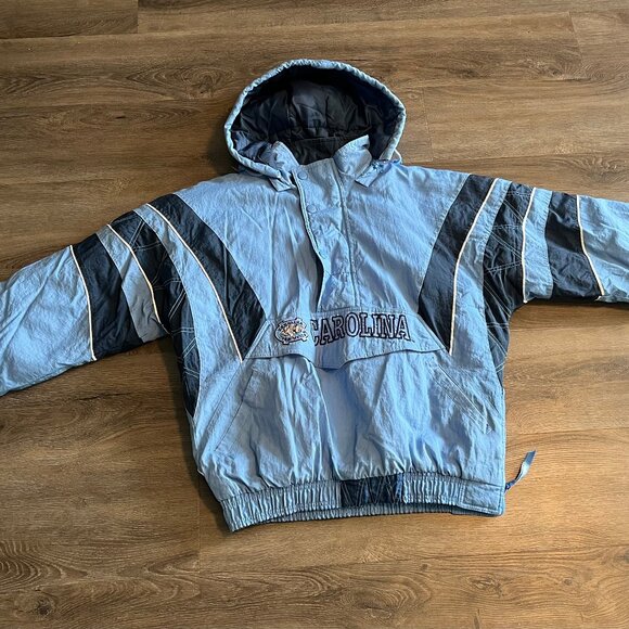 Vintage Starter North Carolina UNC Tar Heels Puffer Jacket Blue Mens L Hooded - Picture 1 of 5